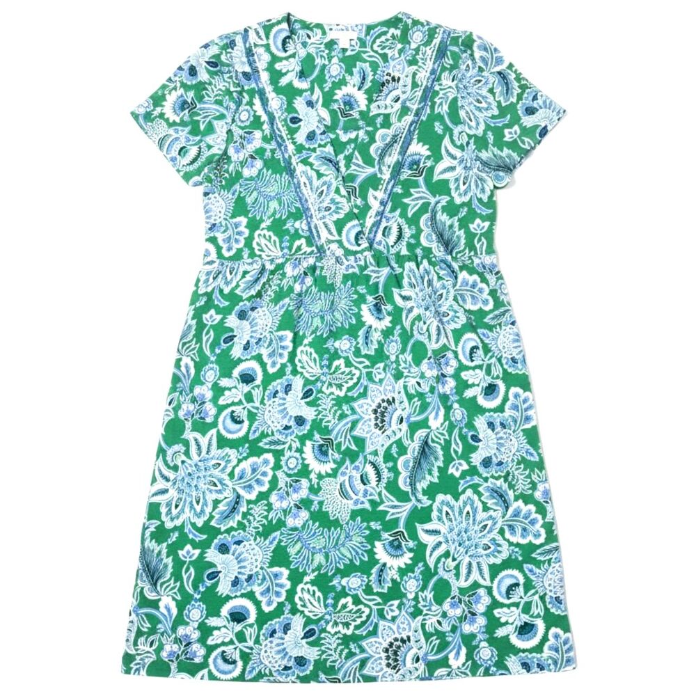 J. Jill Green Blue Floral Paisley Print Short Sleeve Midi Dress Pockets Size S